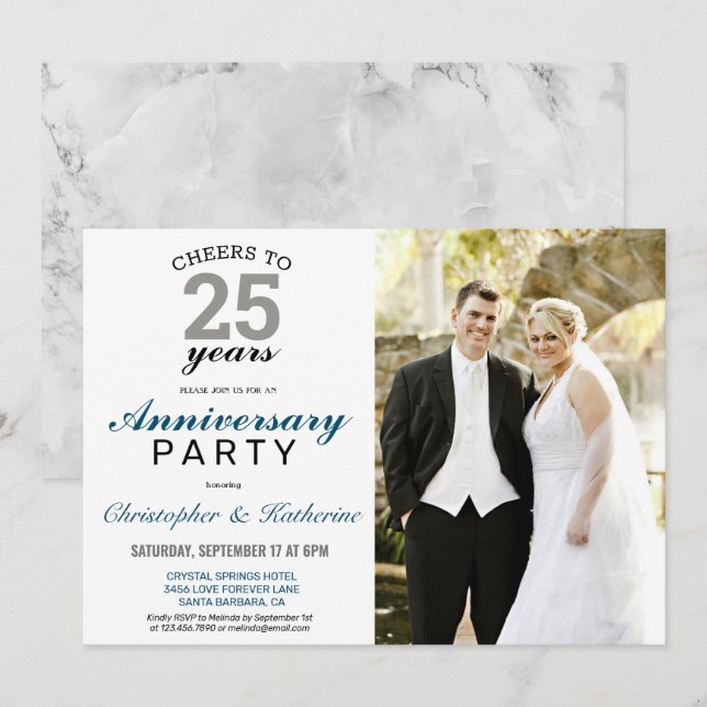 Elegant Silver Bröllopsdag 25 år Inbjudningar (Fram/baksida)