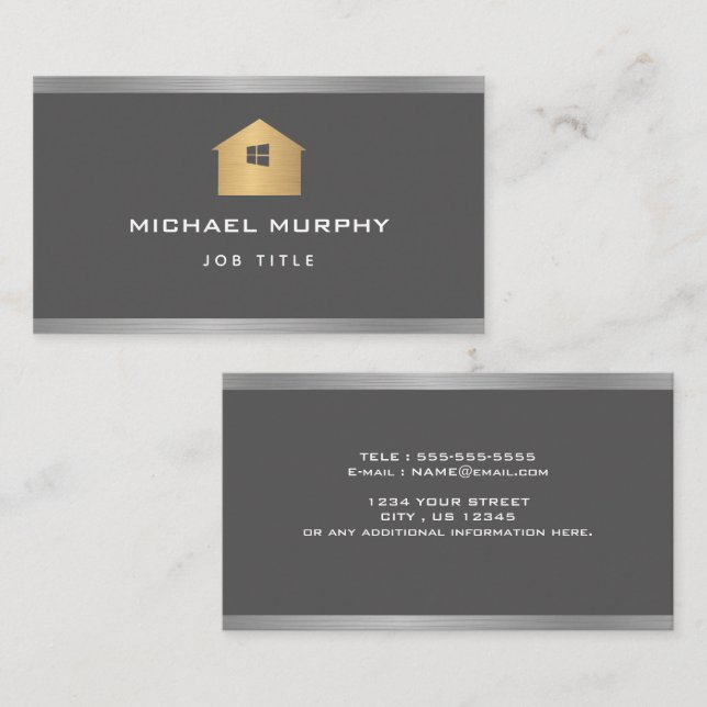 Elegant Silver Brushed Metall Home Logotyp Visitkort (Fram/baksida)