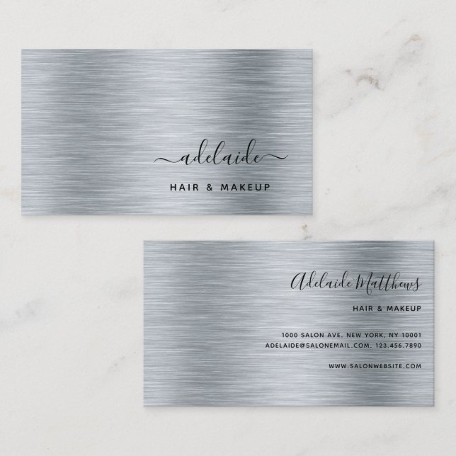 Elegant Silver Brushed Metallic Monogram Namn Visitkort (Fram/baksida)