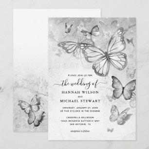 Elegant Silver Butterfly Bröllop Inbjudningar