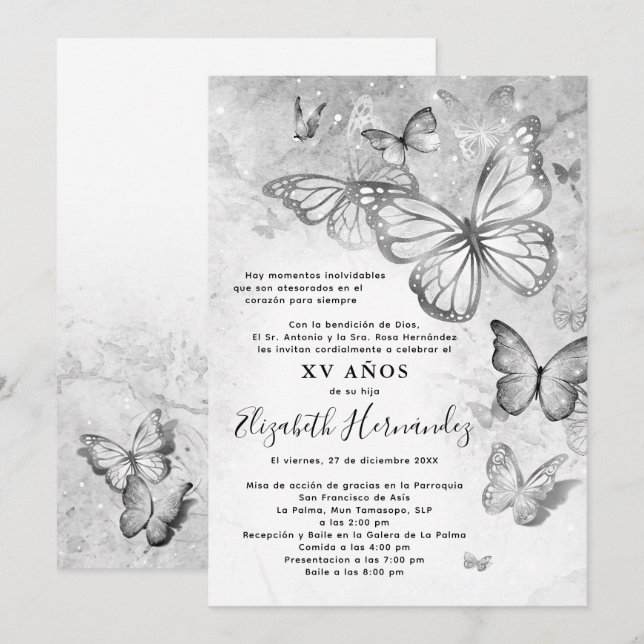 Elegant Silver Butterfly Spain Quinceanera Inbjudningar (Fram/baksida)