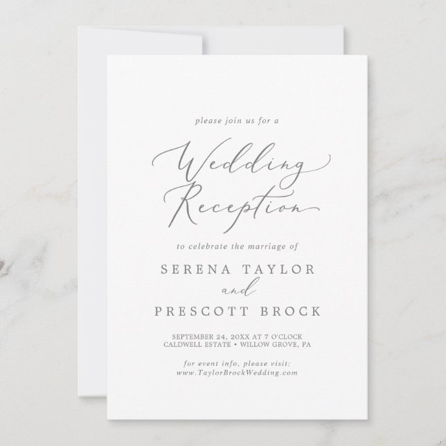 Elegant Silver Calligraphy Bröllopsmottagning Inbjudningar (Framsida)