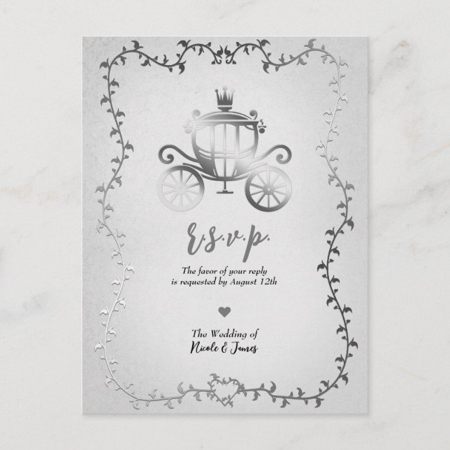 Elegant Silver Carriage Storybook Bröllop RSVP Meddelande Vykort (Framsida)