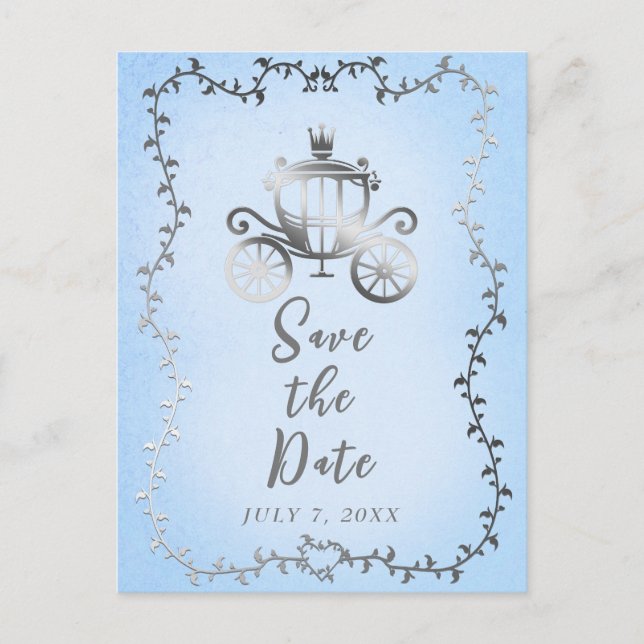 Elegant Silver Carriage Storybook Save the Date  Meddelande Vykort (Framsida)