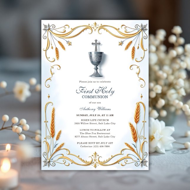 Elegant Silver Chalice Boy First Heliga Communion Inbjudningar (Elegant First Holy Communion Invitation for Boy – Silver Chalice & Gold Wheat Design)