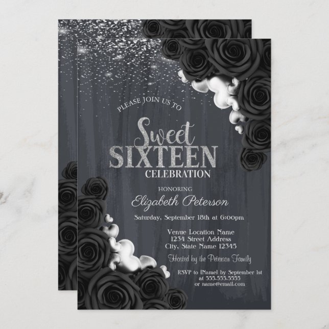 Elegant Silver Confetti Black Ro Sweet 16 Inbjudningar (Fram/baksida)