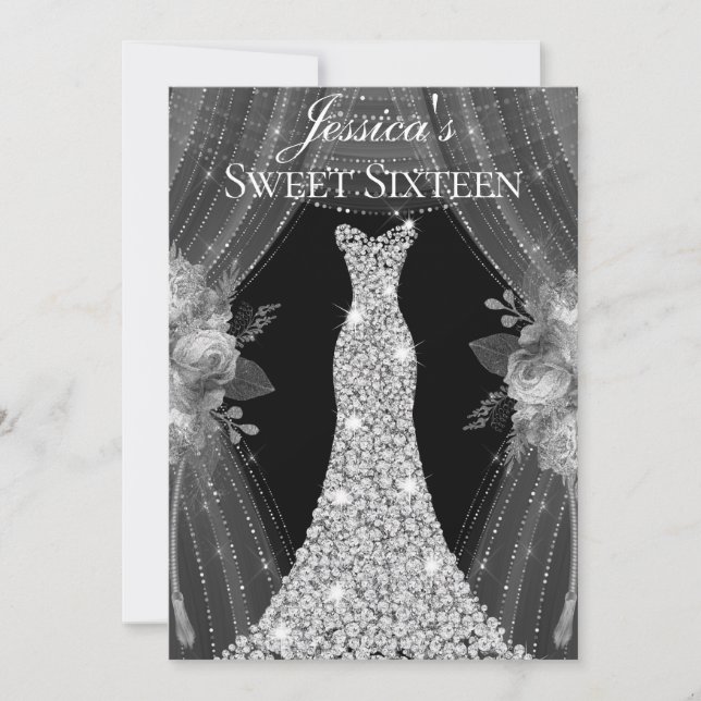 Elegant Silver Curdindrades Sweet 16 Party Inbjudningar (Framsida)