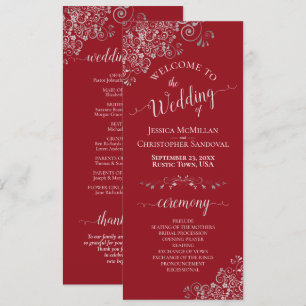 Elegant Silver Curls på Crimson Red Simple Wedding Program