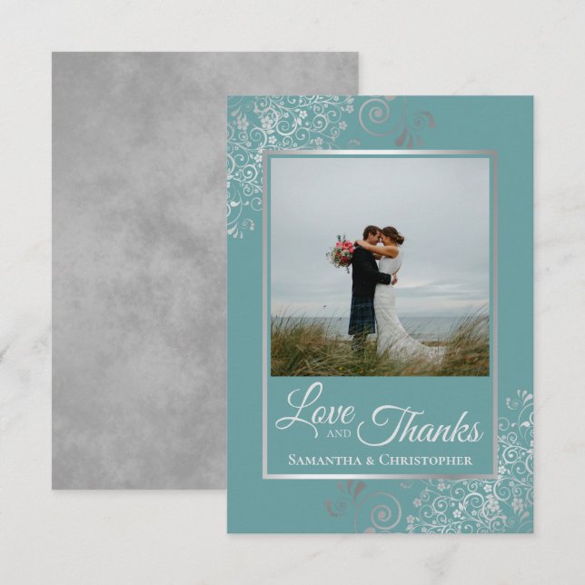 Elegant Silver Curls på Teal Kärlek & Tack Bröllop Kort (Fram/baksida)