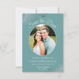 Elegant Silver Curls & Photo on Teal Bröllop Spara Datumet