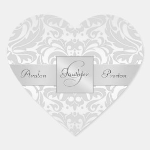 Elegant Silver Damask Heart Bröllop Sticker Hjärtformat Klistermärke