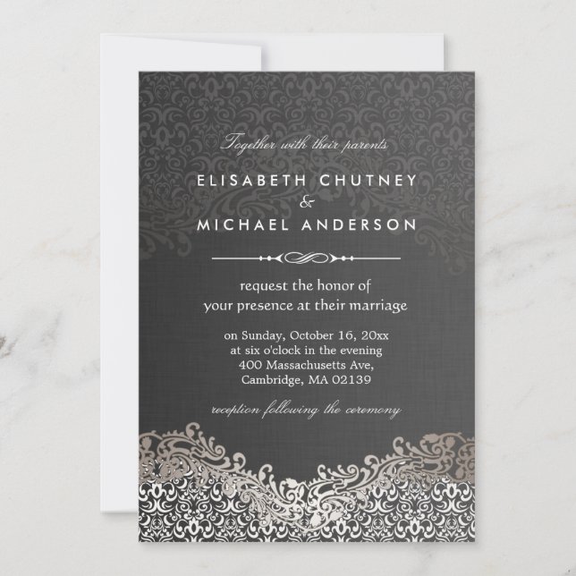 Elegant Silver-Damask - Klassiskt Formal Bröllop Inbjudningar (Framsida)