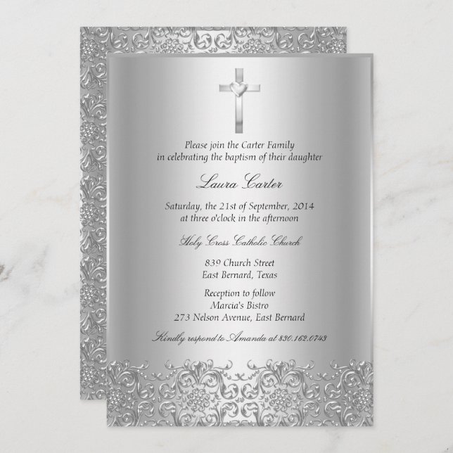 Elegant Silver Damask & Kor Baptism/Christening Inbjudningar (Fram/baksida)