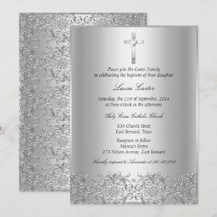Elegant Silver Damask & Kors Dop/Dopinvitation Inbjudningar