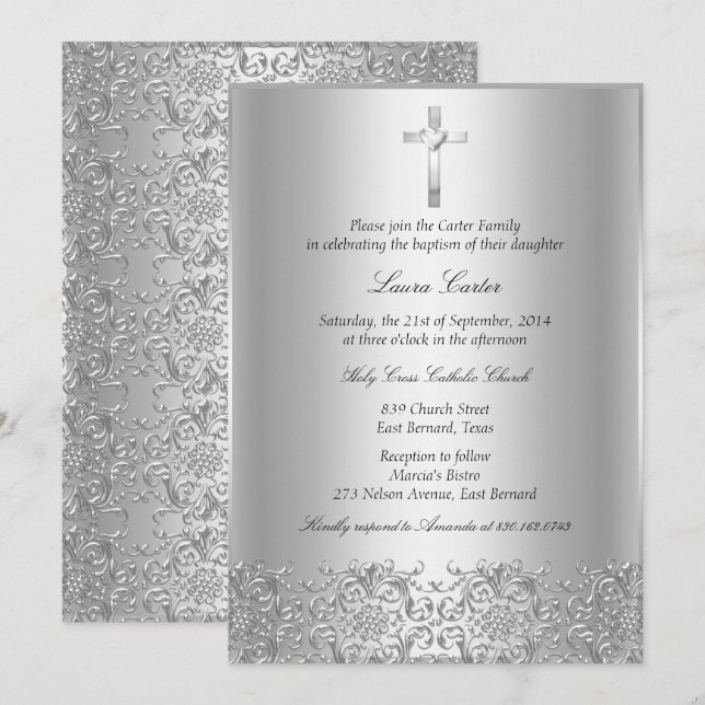 Elegant Silver Damask & Kors Dop/Dopinvitation Inbjudningar (Fram/baksida)
