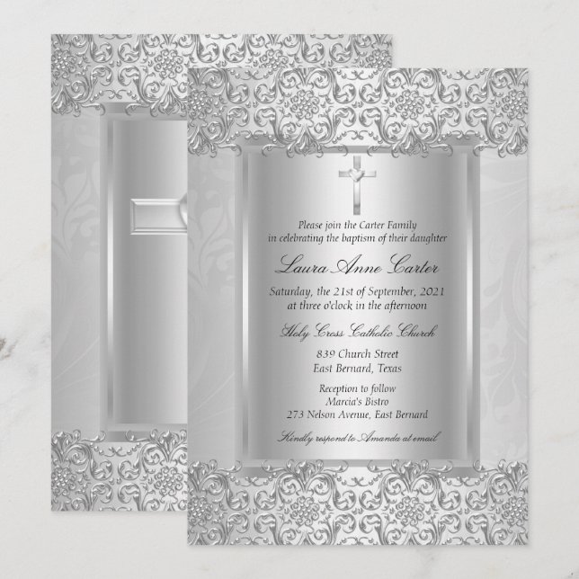 Elegant Silver Damask Kors Dop/Dopning Inbjudningar (Fram/baksida)