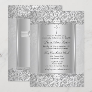 Elegant Silver Damask Kors Dop/Dopning Inbjudningar