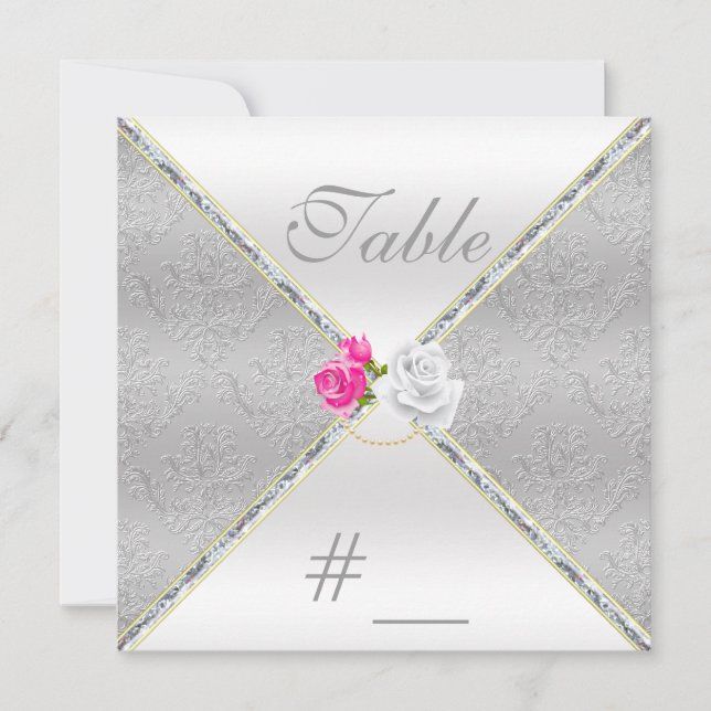 Elegant Silver Damask och Bordsnumret Rosa ros Inbjudningar (Framsida)