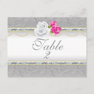 Elegant Silver Damask och Bordsnumret Rosa ros Vykort