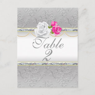 Elegant Silver Damask och Bordsnumret Rosa ros Vykort