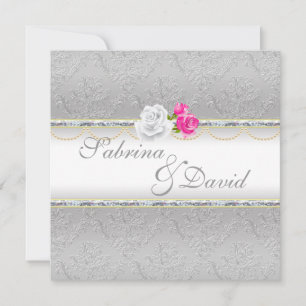 Elegant Silver Damask och Rosa ros Bröllop Inbjudningar