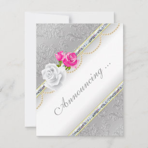 Elegant Silver Damask och Rosa ros Förlovning Meddelande