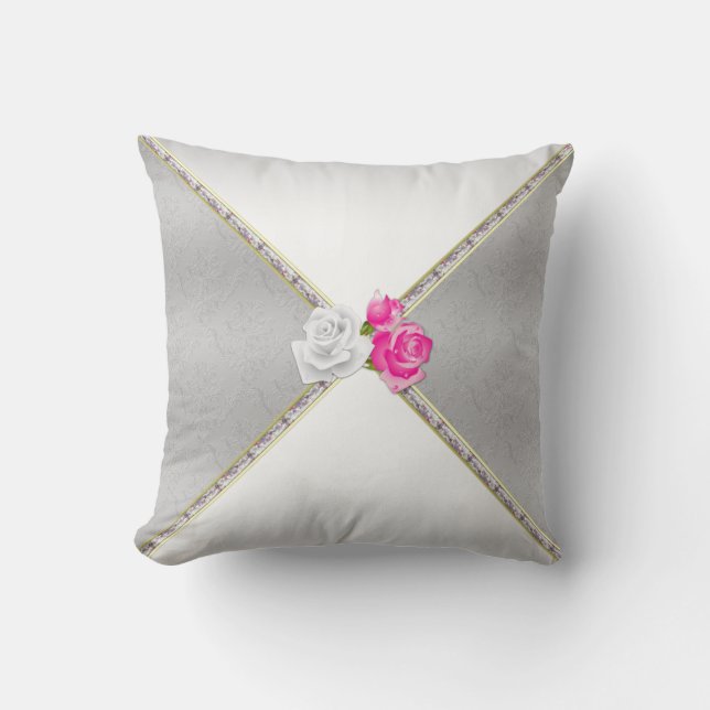 Elegant Silver Damask och Rosa ros Kudde (Framsida)