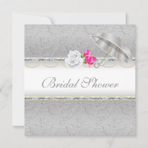 Elegant Silver Damask och Rosa ros Möhippa Inbjudningar