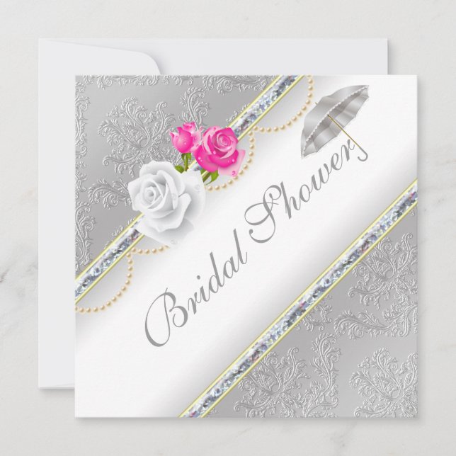Elegant Silver Damask och Rosa ros Möhippa Inbjudningar (Framsida)
