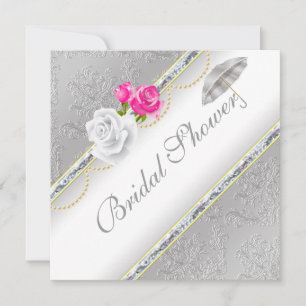 Elegant Silver Damask och Rosa ros Möhippa Inbjudningar