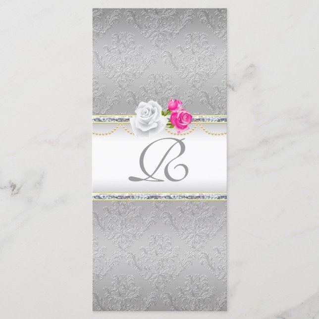 Elegant Silver Damask och Rosa ros Monogram Program (Framsida)