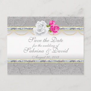Elegant Silver Damask och Rosa ros Spara datum Meddelande Vykort