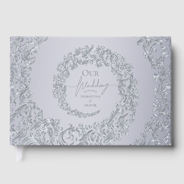Elegant Silver Damask Wedding Gästböcker (Framsida)
