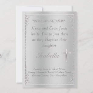 Elegant Silver damm och Kor-baptism vid metall Inbjudningar