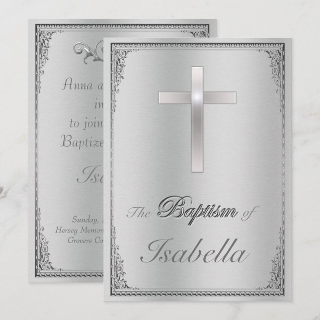 Elegant silver damm och silver kor-baptism inbjudningar (Fram/baksida)