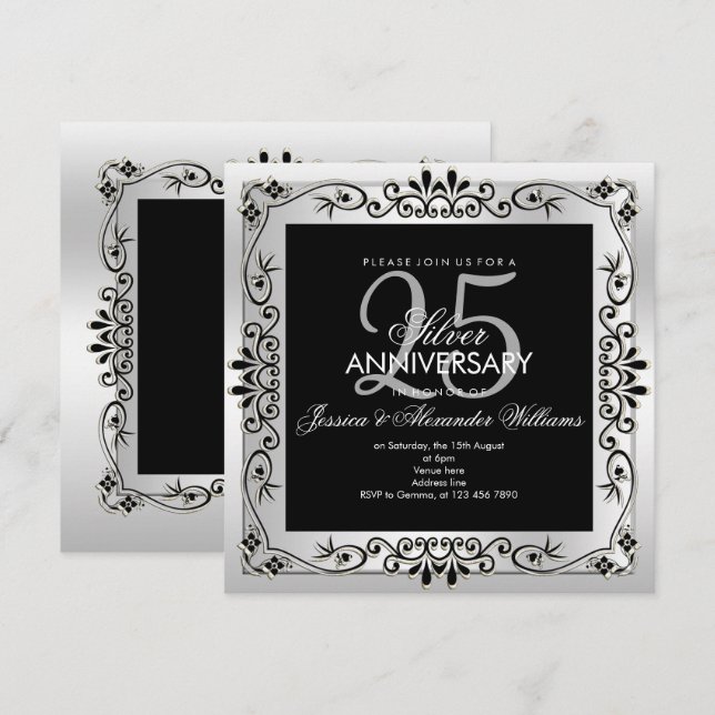 Elegant silver dekorativ inramad 25-årsjubileum inbjudningar (Fram/baksida)