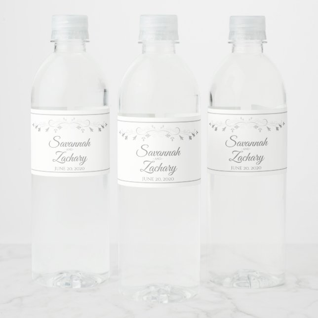 Elegant Silver: Den blommande enkla Chicen Bröllop Vattenflaskor Etikett (Flaskor)