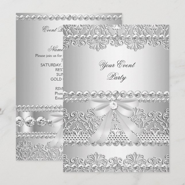 Elegant Silver Diamant Vit Spets Festklänning Inbjudningar (Fram/baksida)