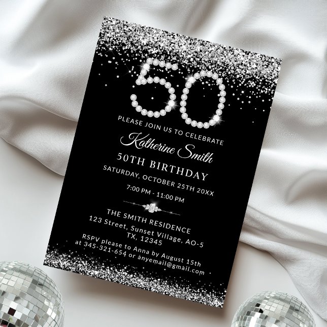 Elegant Silver Diamanter 50:e Födelsedagsfesten Inbjudningar (Skapare uppladdad)