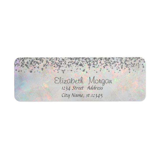 Elegant Silver Diamanter Vit Holografisk Opal Returadress Etikett (Framsidan)
