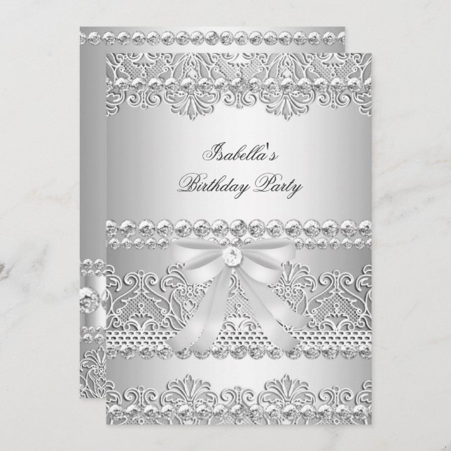 Elegant Silver Diamond White Snöre Födelsedagsfest Inbjudningar (Fram/baksida)