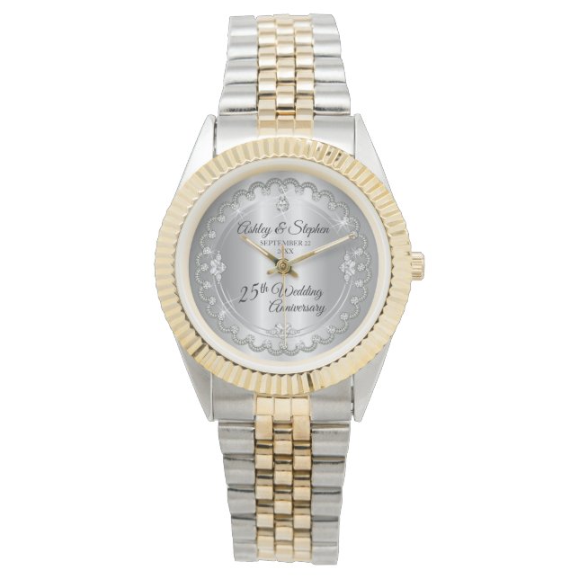Elegant Silver Diamonds 25:e Bröllop-årsdagen Armbandsur (Framsida)