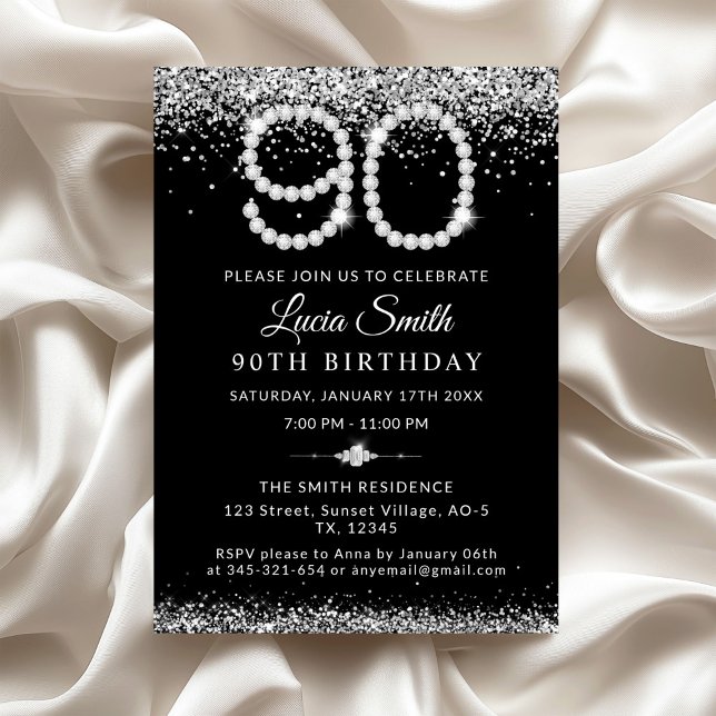 Elegant Silver Diamonds 90th Birthday Party Inbjudningar (Elegant Diamonds 90th Birthday Invitation)