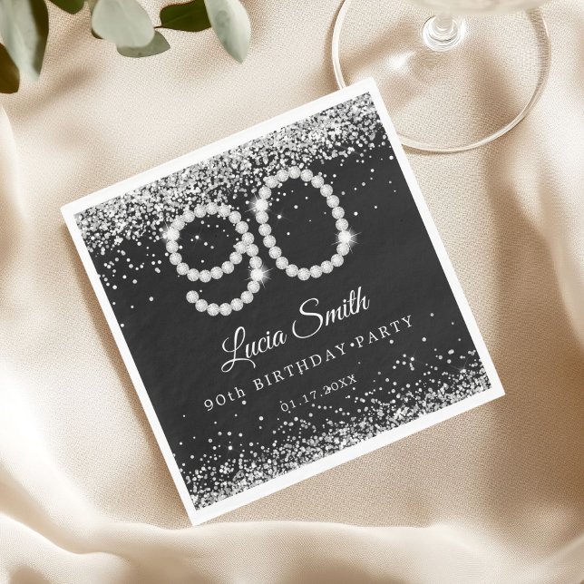Elegant Silver Diamonds 90th Birthday Party  Pappersservett (Diamonds 90th Birthday Table Napkin)