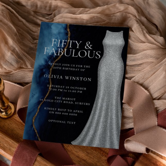 Elegant Silver Dress och marinmarin 50:e Födelseda Inbjudningar (Skapare uppladdad)