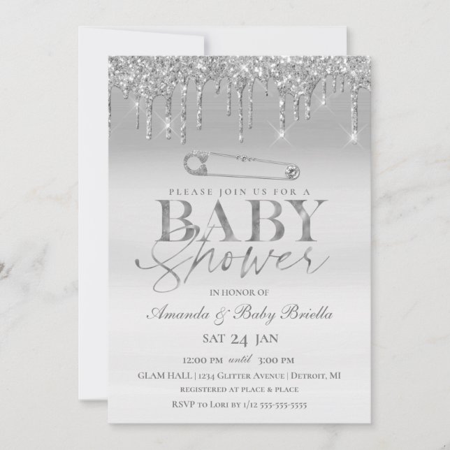 Elegant Silver Drip Säkerhetsnål Baby Shower Inbjudningar (Framsida)