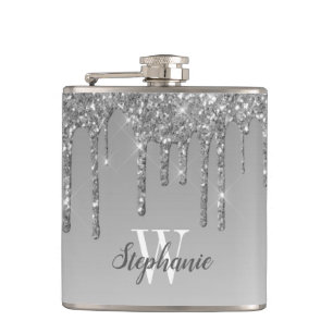 Elegant silver droppande falskt glittermonogram fickplunta