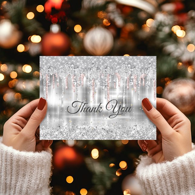 Elegant silver droppande glittermonogram tack kort (Skapare uppladdad)