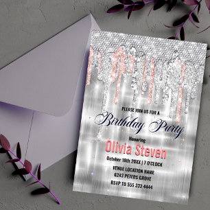 Elegant silver droppar glitter monogram inbjudningar