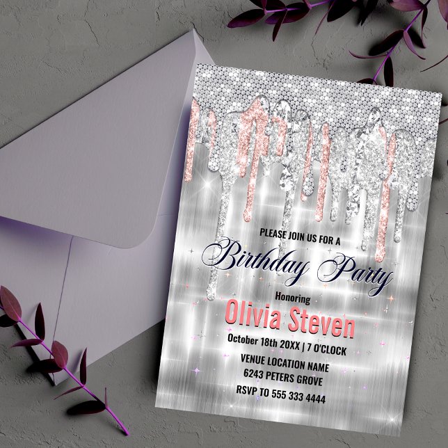 Elegant silver droppar glitter monogram inbjudningar (Skapare uppladdad)